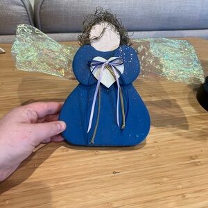Handmade Painted Wooden Angel Decor – Blue Dress Rustic Folk Art